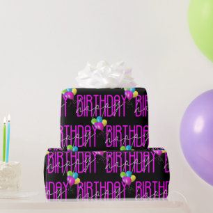 Happy Birthday Neon Pink With Balloons Wrapping Paper