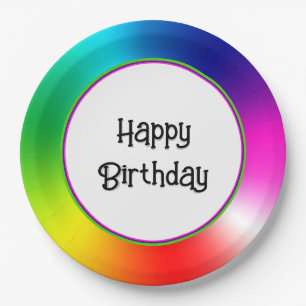 Happy Birthday Neon Rainbow Vortex Paper Plate
