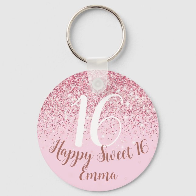 Happy Birthday niece Sweet 16 Blush Pink Glitter Keychain (Front)
