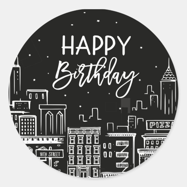 Happy Birthday Night City Scape Classic Round Sticker (Front)