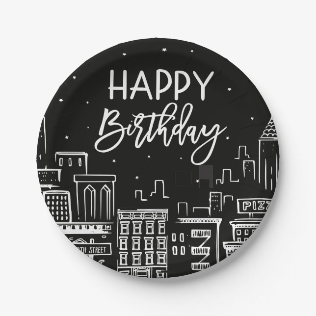 Happy Birthday Night City Scape Paper Plate (Front)