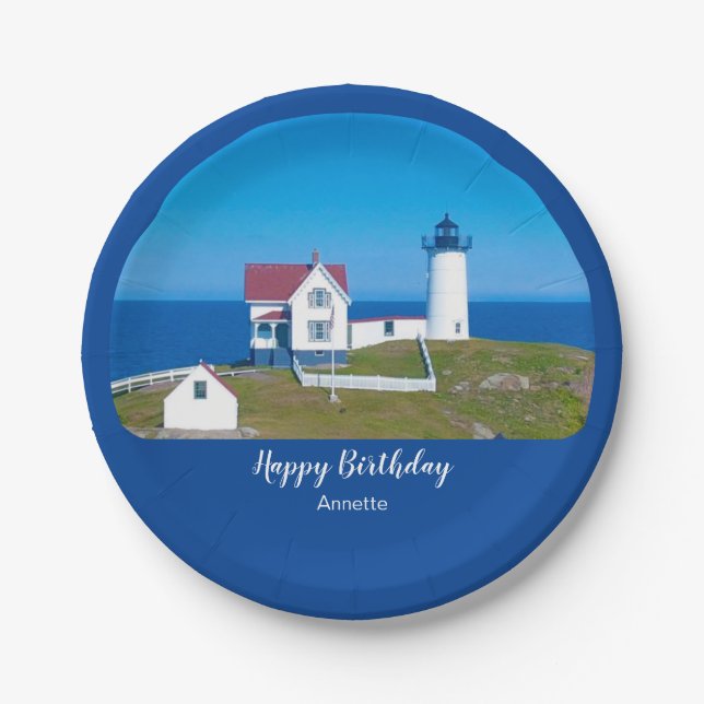 Happy Birthday Nubble Lighthouse Paper Plate (Front)