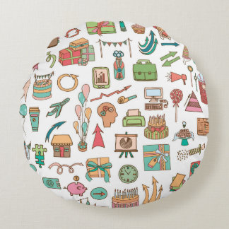 Happy birthday office elements in sketch doodle ha round pillow
