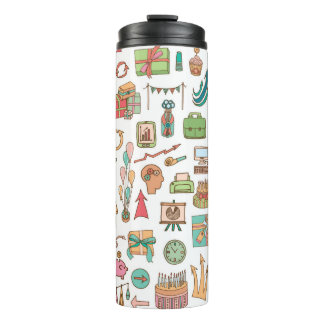 Happy birthday office elements in sketch doodle ha thermal tumbler