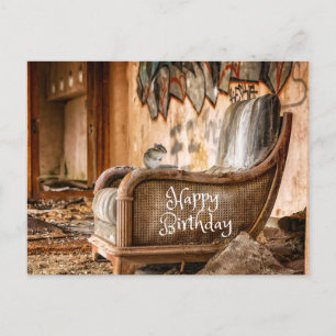 Happy Birthday Old Vintage Chair and Chipmunk  Postcard