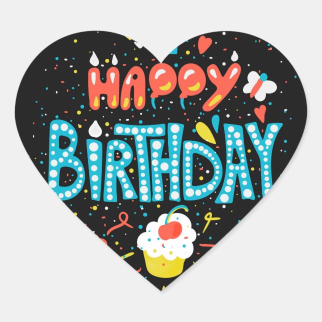 Happy Birthday on Black Heart Sticker (Front)