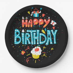 Happy Birthday on Black Paper Plate