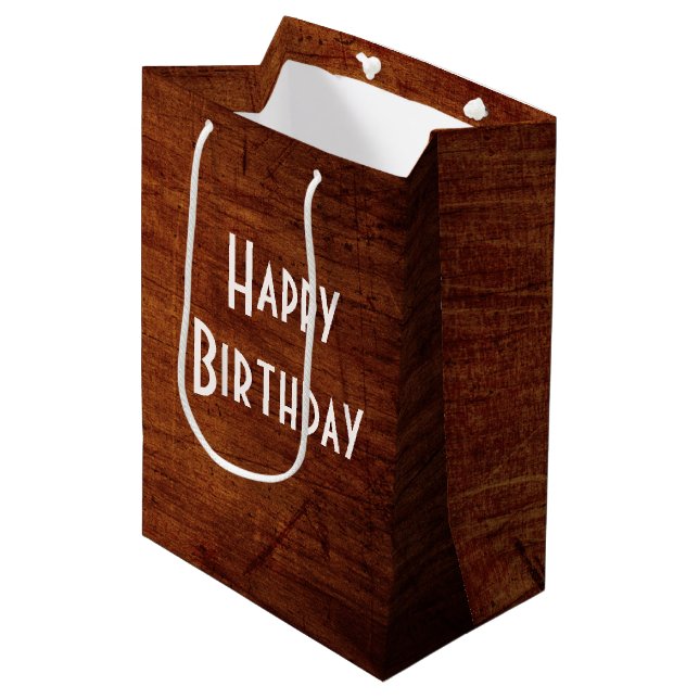 Happy Birthday on Oak Wood Medium Gift Bag (Front Angled)