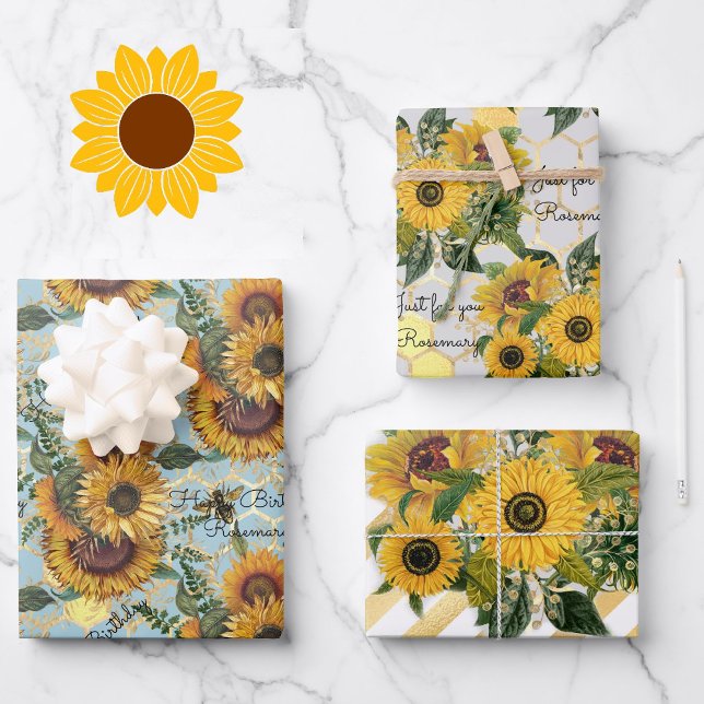 Happy Birthday or Retirement Sunflower Add Name 3 Wrapping Paper Sheet (Creator Uploaded)