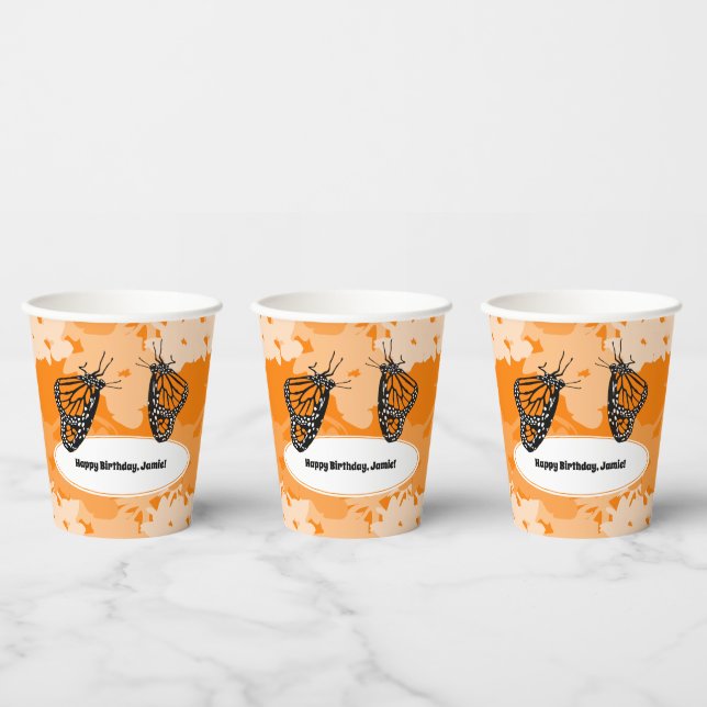 Happy Birthday Orange Monarch Butterfly Paper Cups (Multi)