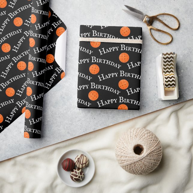 Happy Birthday Orange Pickleballs On Black Wrapping Paper (Crafts)