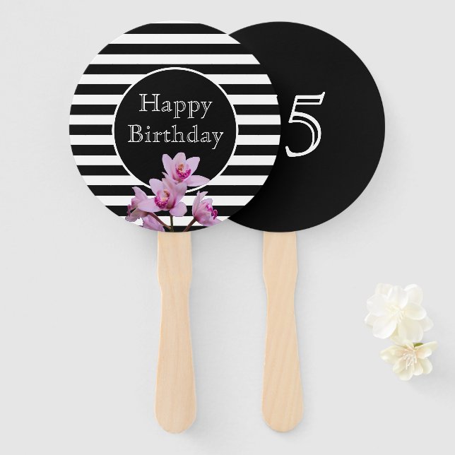 Happy Birthday Orchid Stripes with Age Hand Fan (Front and Back)