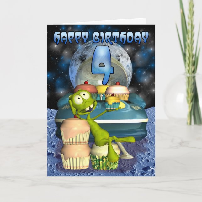 Happy Birthday , Out of this world, alien with cup Card (Front)