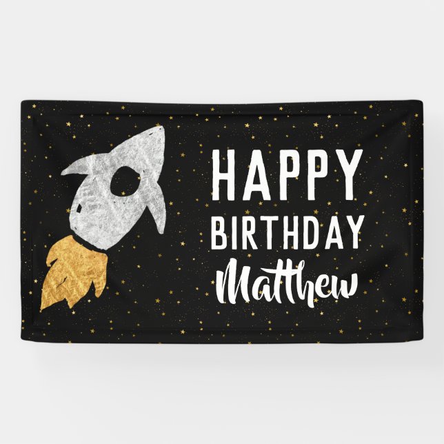 Happy Birthday Outer Space Silver Gold Rocket Kids Banner (Horizontal)