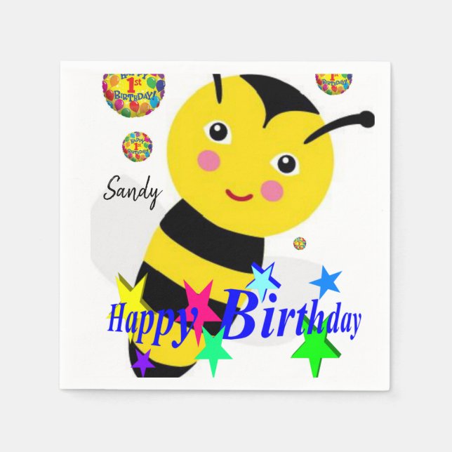 Happy Birthday Paper Napkins, Bumblebee Napkin (Front)