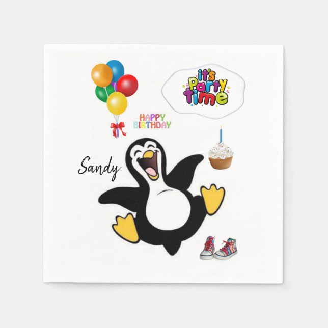 Happy Birthday Paper Napkins, Penguin Napkin (Front)