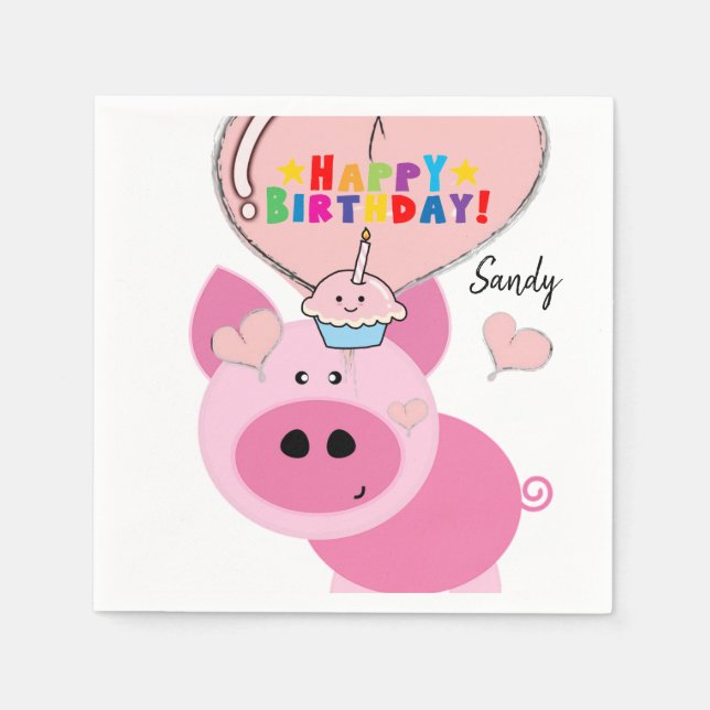 Happy Birthday Paper Napkins, Pink Pig Napkin (Front)