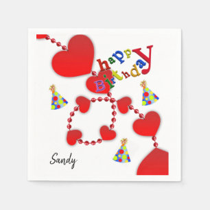 Happy Birthday Paper Napkins, Red Hearts Napkin