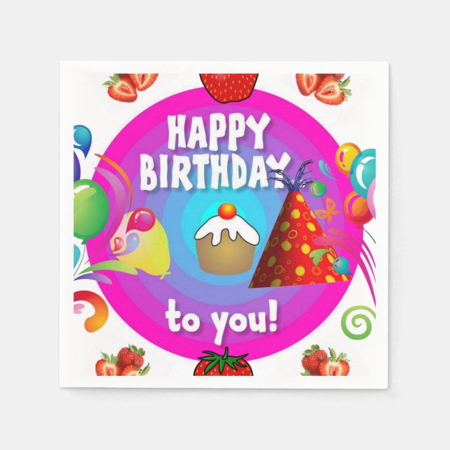Happy Birthday Paper Napkins, Strawberry Napkin (Front)