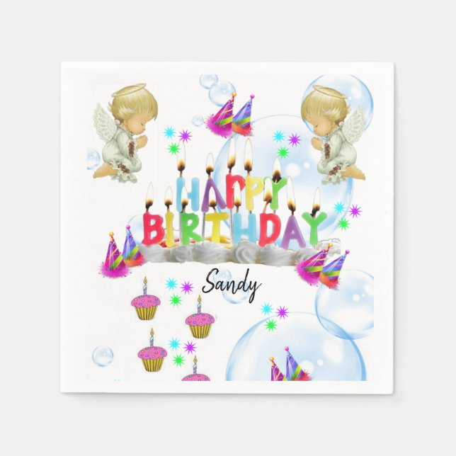 Happy Birthday Paper Napkins, Twin Angels Napkin (Front)
