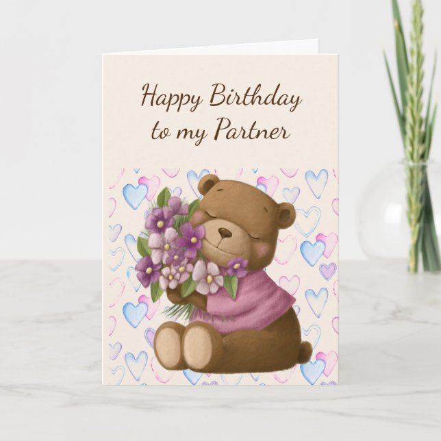Happy Birthday Partner Love  Bear Flowers  Card (Front)