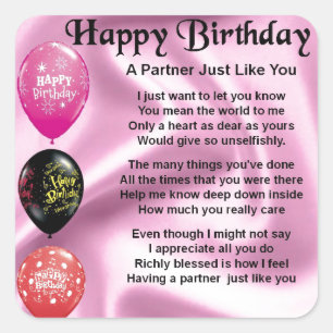Happy Birthday Partner Poem Square Sticker