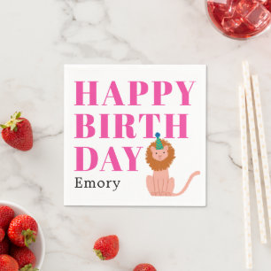 Happy Birthday Party Animal Lion with Name Napkin