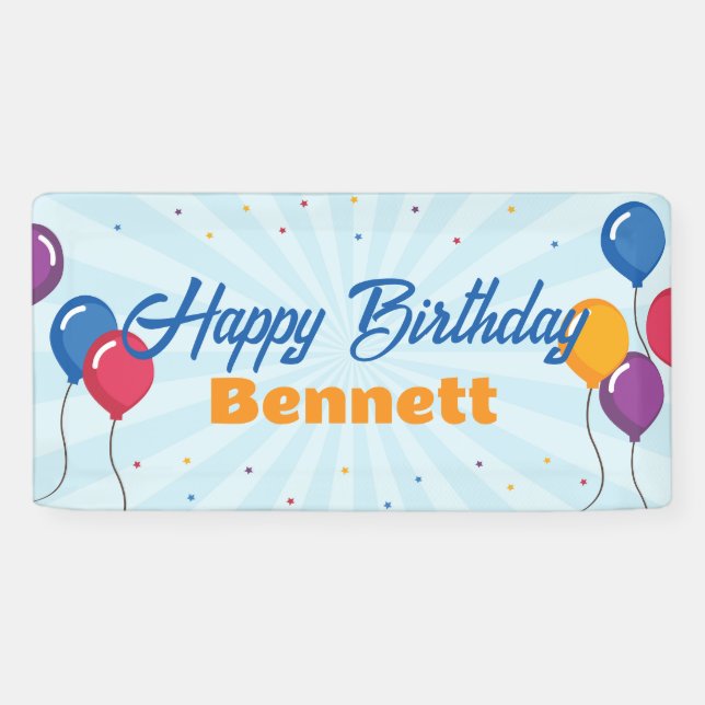Happy Birthday Party Banner Sign with Balloons (Horizontal)