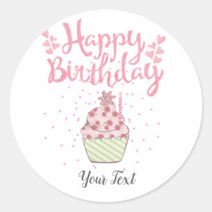 Happy Birthday Party Custom Pink Cupcake Classic R Round Sticker