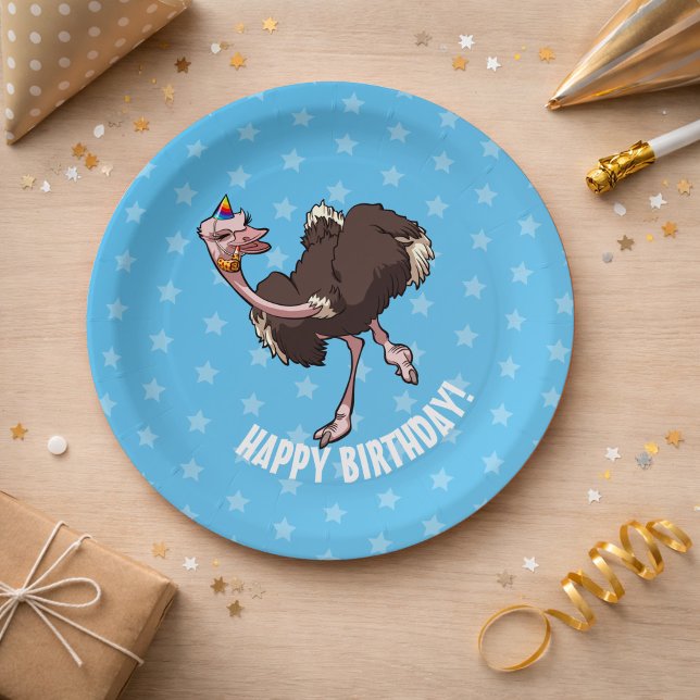 Happy Birthday Party Dancing Cartoon Ostrich Paper Plate (Creator Uploaded)
