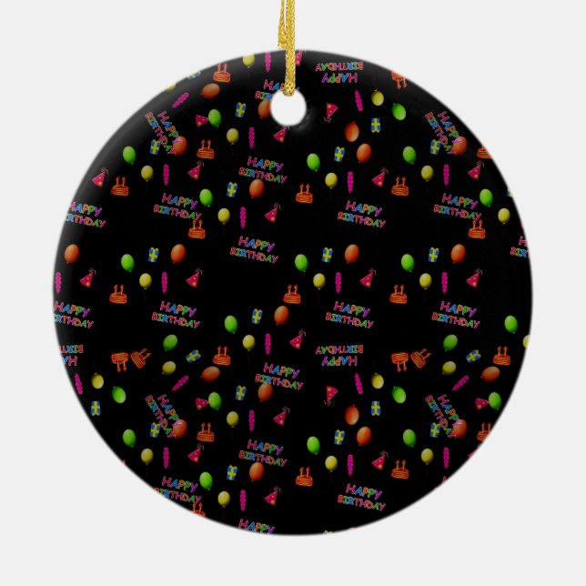 Happy Birthday Party Decor Balloons Hat Cake Text Ceramic Ornament (Back)