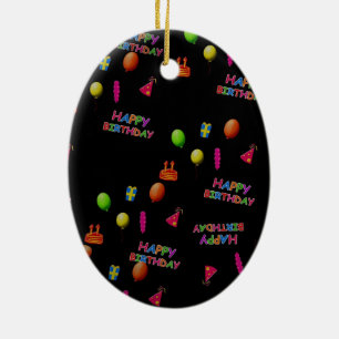 Happy Birthday Party Decor Balloons Hat Cake Text Ceramic Ornament