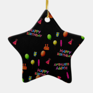 Happy Birthday Party Decor Balloons Hat Cake Text Ceramic Ornament