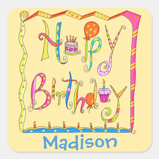 Happy Birthday Party Name Personalized Yellow Square Sticker (Front)
