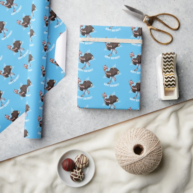 Happy Birthday Party Ostrich Dancing Cartoon Wrapping Paper (Crafts)