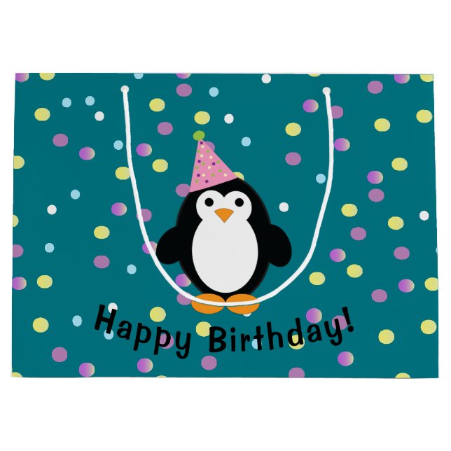 Happy Birthday Party Penguin Large Gift Bag (Front)