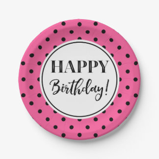 Happy Birthday Party Pink White Black Dots Paper Plate
