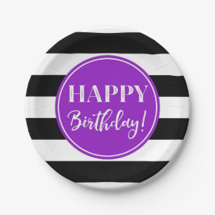 Happy Birthday Party Purple Black White Stripes Paper Plate