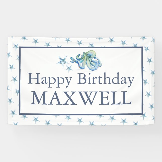 Happy Birthday Party Signs Boy Blue Octopus (Horizontal)