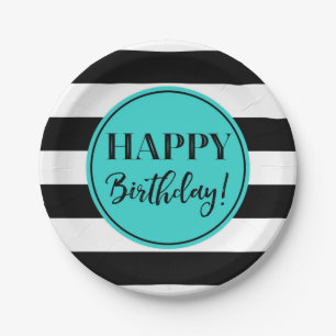 Happy Birthday Party Turquoise Black White Paper Plate