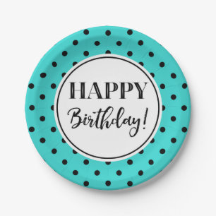 Happy Birthday Party Turquoise White Black Dots Paper Plate