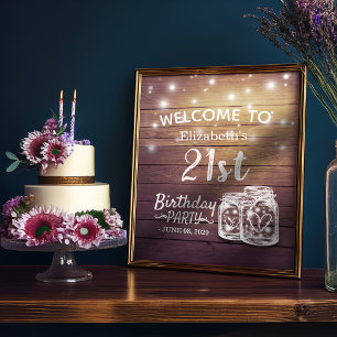 Happy Birthday Party Wood Mason Jar Lights Welcome Poster