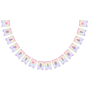 Happy Birthday Pastel Rainbow White Stripes Bunting Flags