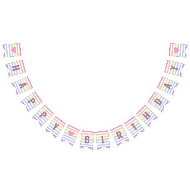 Happy Birthday Pastel Rainbow White Stripes Bunting Flags (All)