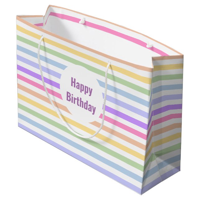 Happy Birthday Pastel Rainbow White Stripes Large Gift Bag (Back Angled)