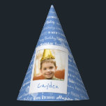 Happy Birthday Pattern Blue Party Kids Photo Cute Party Hat<br><div class="desc">Happy Birthday Pattern Blue Party Kids Photo Personalized Birthday Party Paper Hats. Pattern of white script "Happy Birthday" repeated in on a light blue background. Customize to change background to another colour. Fun photo frame design appears to be taped to hat. Name of child written on white underneath photo. Replace...</div>