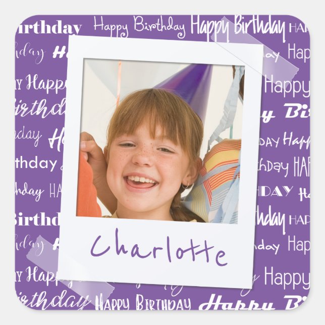 Happy Birthday Pattern Purple Party Kids Photo Square Sticker (Front)