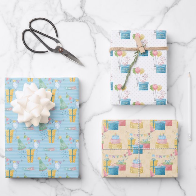 Happy Birthday Pattern Watercolor Design Wrapping Paper Sheet (Front)