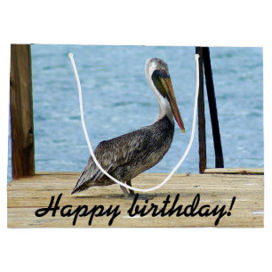 Happy Birthday! Pelican on the pier photo, Curacao Large Gift Bag
