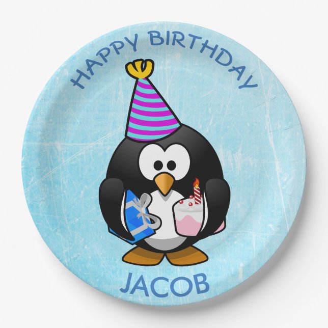 Happy Birthday Penguin Blue Paper Plates (Front)